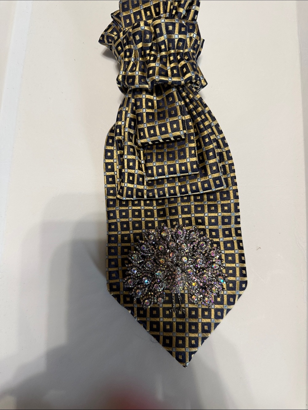 Geometric Gold and Black Necktie Necklace with Sparkling Brooch